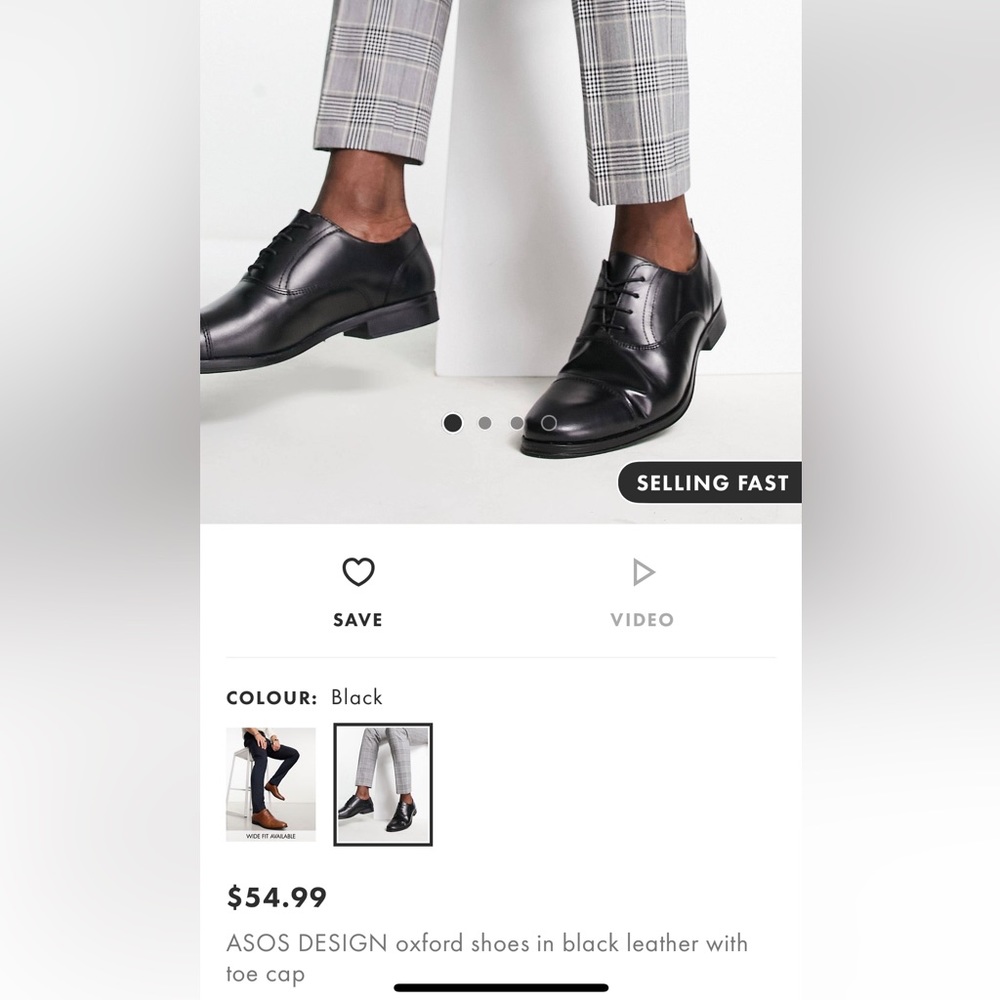ASOS Design Oxford Shoes in Black Leather w/ Toe Cap